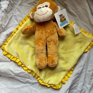 Goffa Brown Monkey Stuffed Animal with Yellow Blanket Satin trim